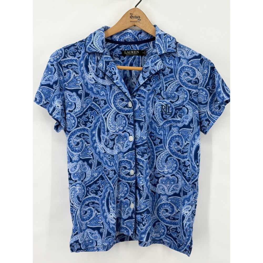 Lauren Ralph Lauren Blue Paisley‎ Pajama Top Short Sleeve Button Down Size M